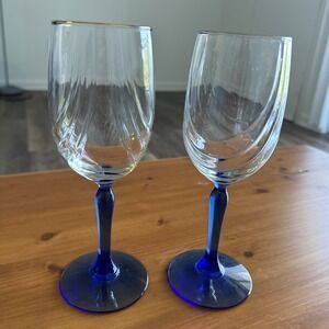 VTG LOT OF 2 LENOX COBALT BLUE SWAG DRAPED WINE STEM GLASS GOBLET GOLD RIM 8"
